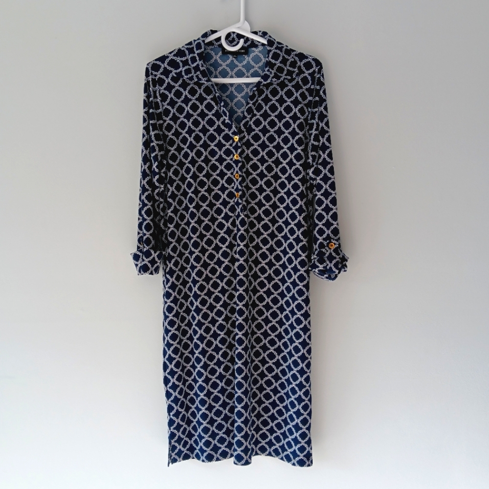 Jones New York Shift Dress Collar Trellis Lattice Roll Sleeves Blue White Medium